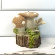 Burlap Wooly Mushrooms with Bud on Natural Tree Stump