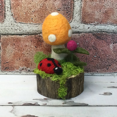 Cantaloupe Wooly Mushroom, Ladybug & Bud on Natural Tree Stump
