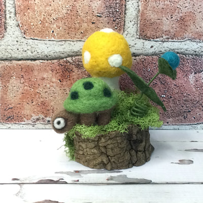 Yellow Wooly Mushroom with Turtle on Natural Tree Stump