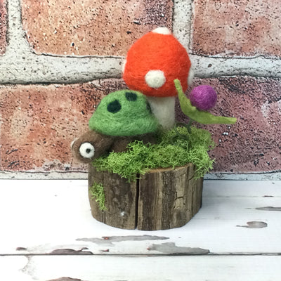 Bright Coral Wooly Mushroom with Turtle on Natural Tree Stump