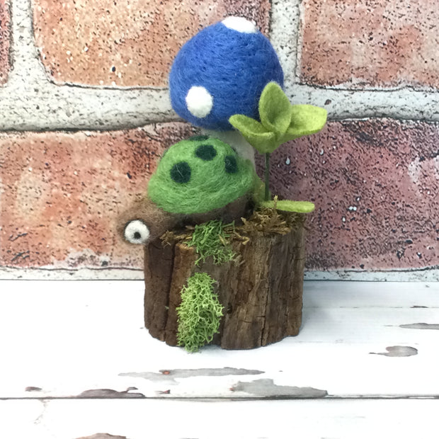 French Blue Wooly Mushroom with Turtle on Natural Tree Stump