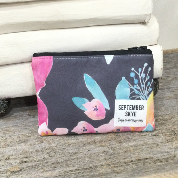 Grey Pink Florals/Mini Cotton Zip bag by September Skye