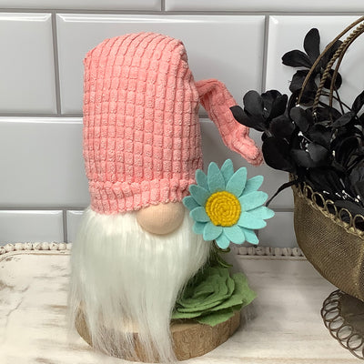 Blush Chenille Gnome & Flora on Natural Wood Base
