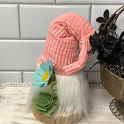 Blush Chenille Gnome & Flora on Natural Wood Base