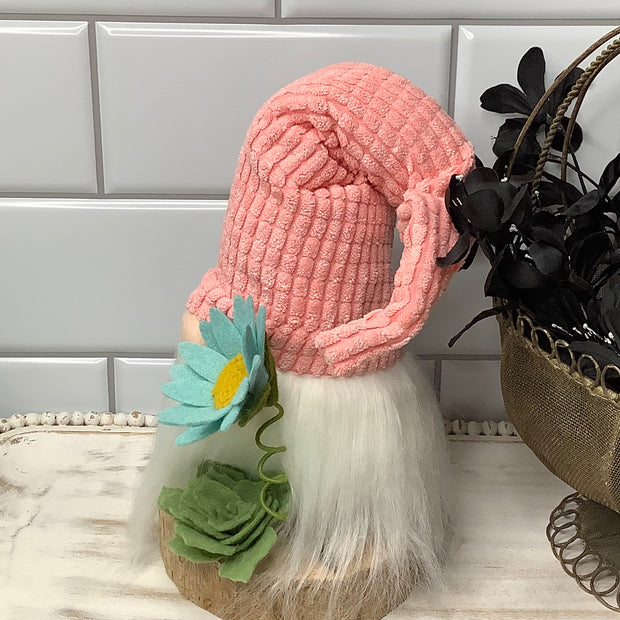 Blush Chenille Gnome & Flora on Natural Wood Base
