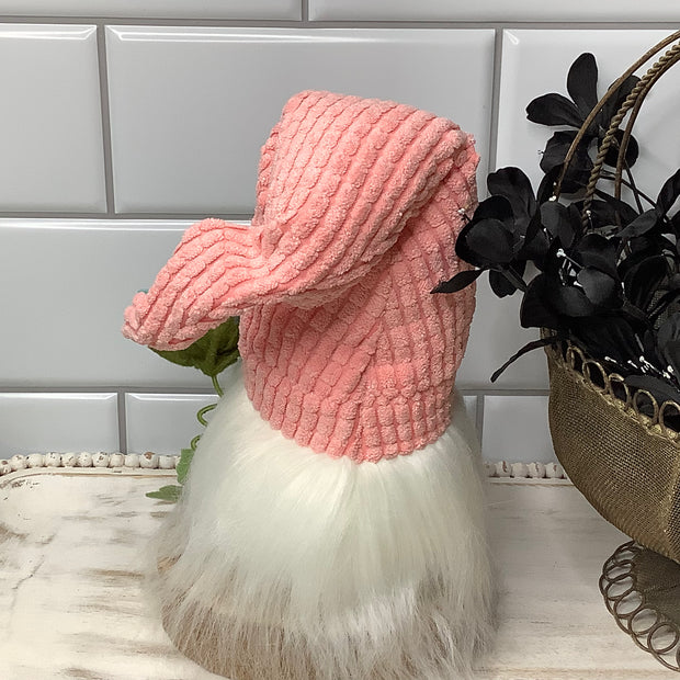 Blush Chenille Gnome & Flora on Natural Wood Base