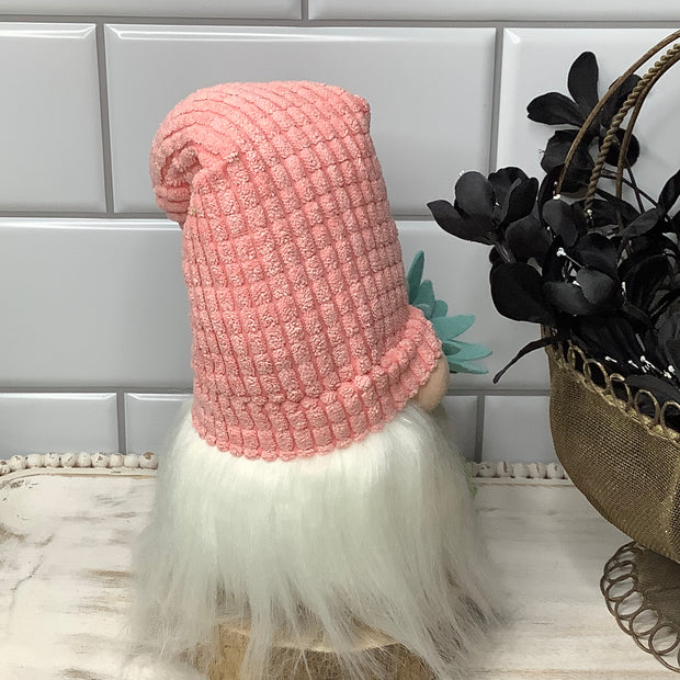 Blush Chenille Gnome & Flora on Natural Wood Base