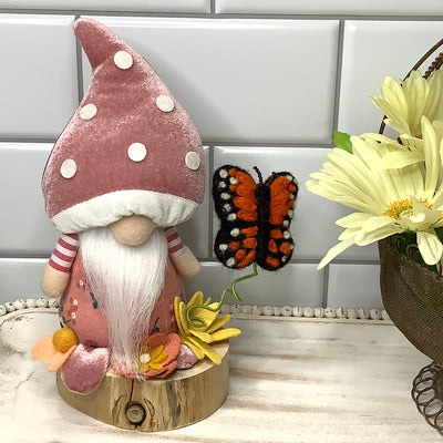 Blush Mushroom Gnome, Butterfly & Flora on Natural Wood Base