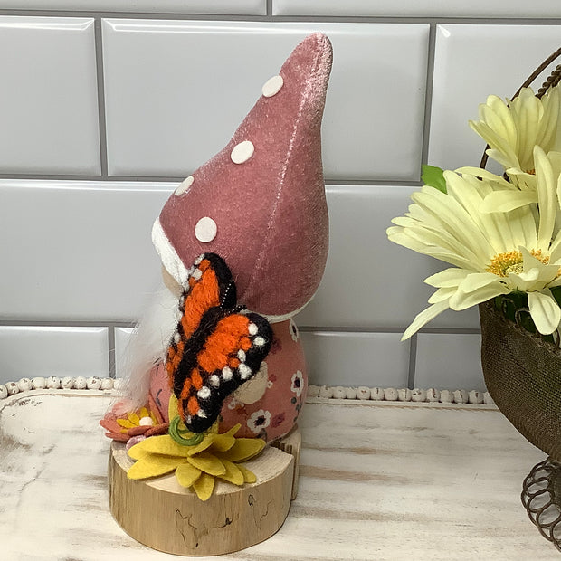 Blush Mushroom Gnome, Butterfly & Flora on Natural Wood Base