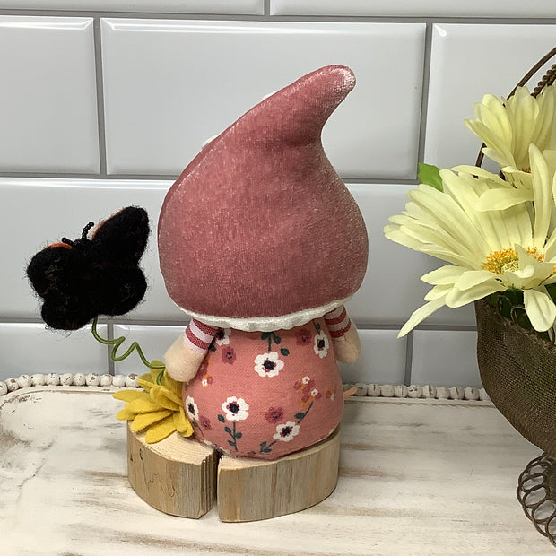 Blush Mushroom Gnome, Butterfly & Flora on Natural Wood Base