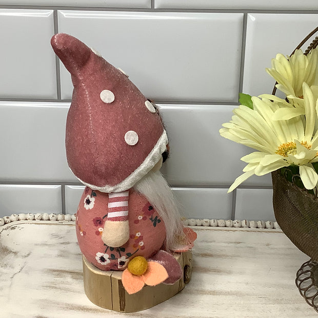 Blush Mushroom Gnome, Butterfly & Flora on Natural Wood Base