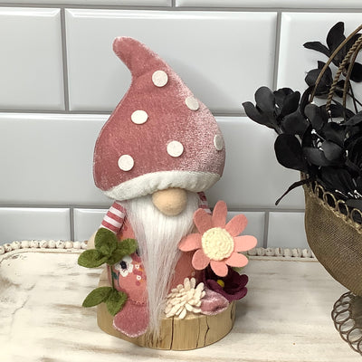 Blush Mushroom Gnome & Flora on Natural Wood Base