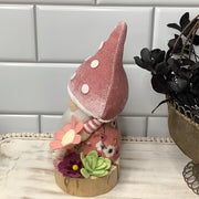 Blush Mushroom Gnome & Flora on Natural Wood Base