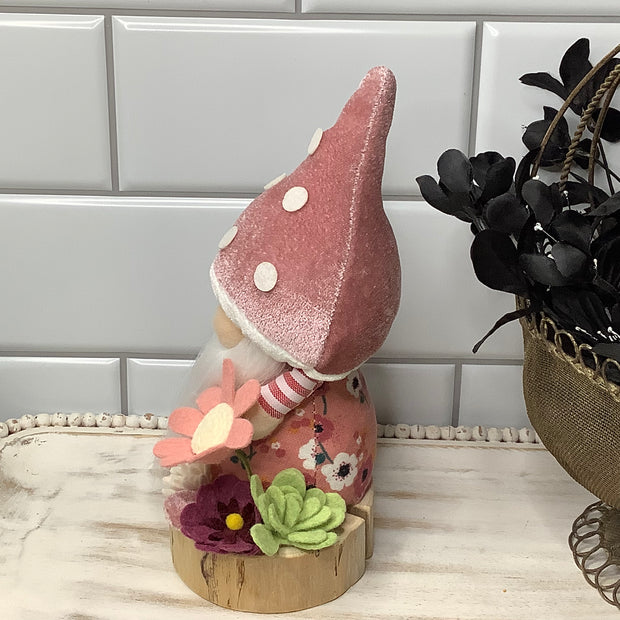 Blush Mushroom Gnome & Flora on Natural Wood Base