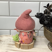 Blush Mushroom Gnome & Flora on Natural Wood Base