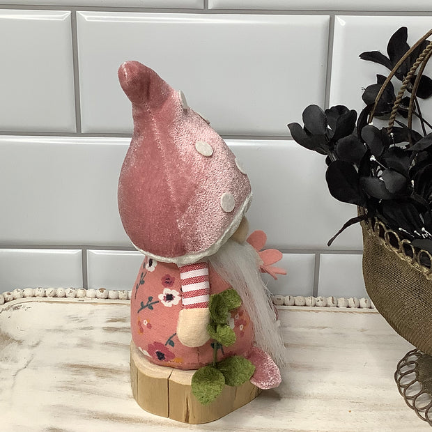 Blush Mushroom Gnome & Flora on Natural Wood Base