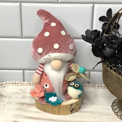 Blush Mushroom Gnome, Froggy & Flora on Natural Wood Base