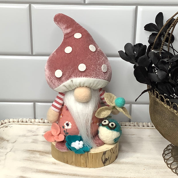 Blush Mushroom Gnome, Froggy & Flora on Natural Wood Base