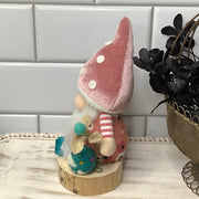 Blush Mushroom Gnome, Froggy & Flora on Natural Wood Base