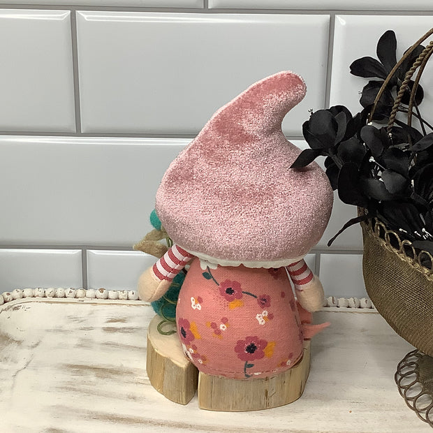 Blush Mushroom Gnome, Froggy & Flora on Natural Wood Base