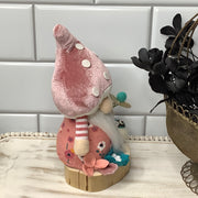 Blush Mushroom Gnome, Froggy & Flora on Natural Wood Base