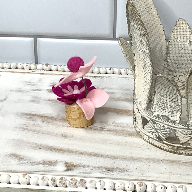 Fuschia & Pink Mini Flower Garden on Natural Wood Base