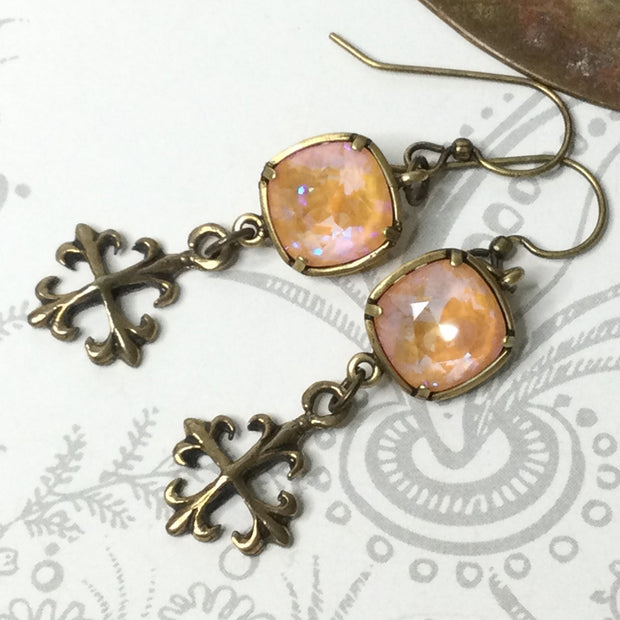 Peach/Swarovski Crystal & Brass Earrings