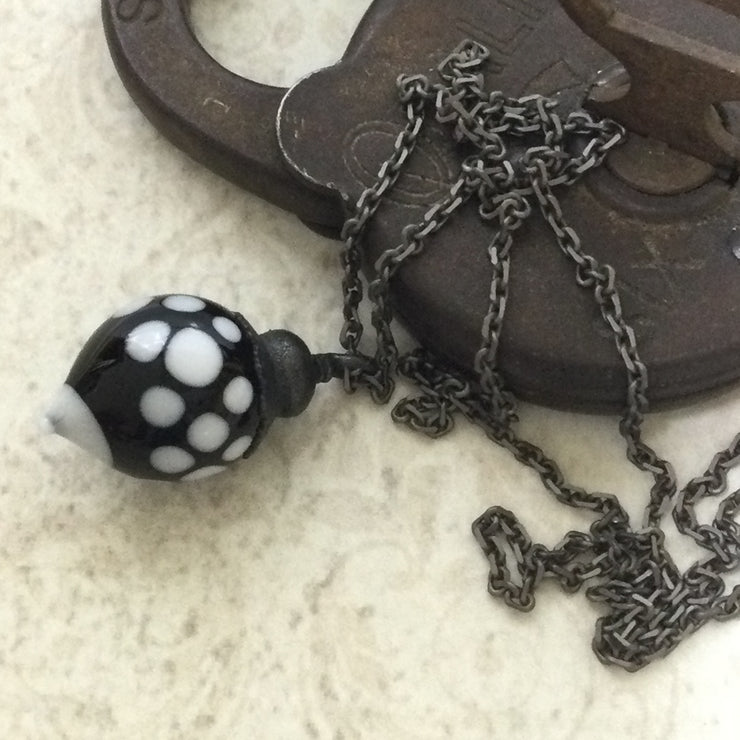 Rae/24” Handmade Lampwork Bead Pendant Gunmetal Necklace