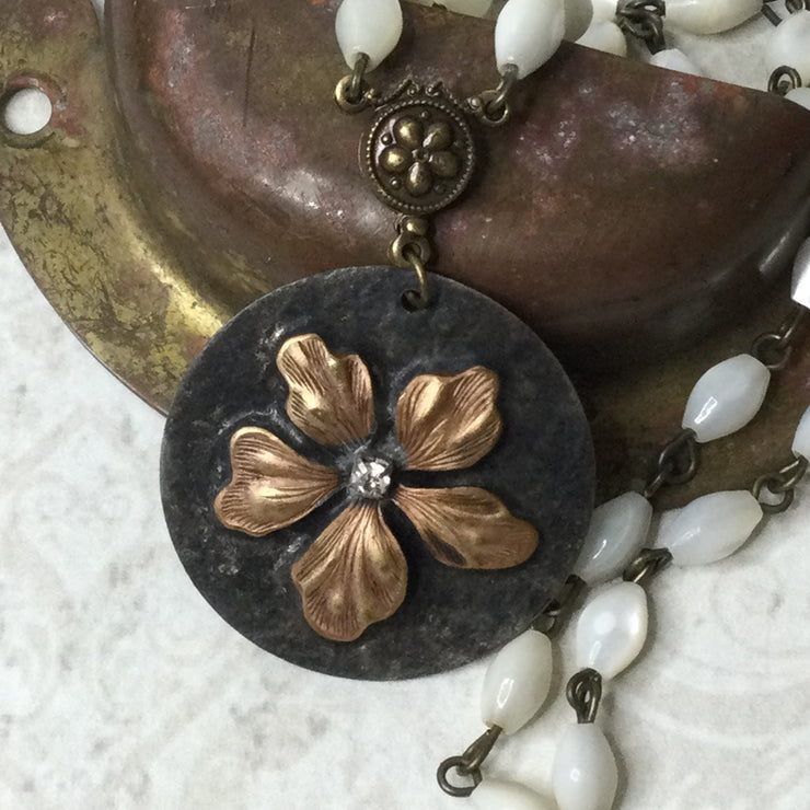 Margot/18” Flower Pendant & Mother-of-Pearl Brass Necklace