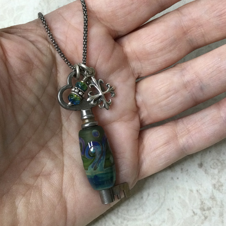 Emma/24” Handmade Lampwork Bead/Key Silver Necklace