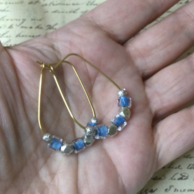Luie/Blue Czech Glass Mixed Metal Gold Hoop Earrings