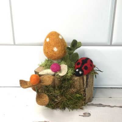 Wooly Mushroom with Ladybug on Natural Tree Stump