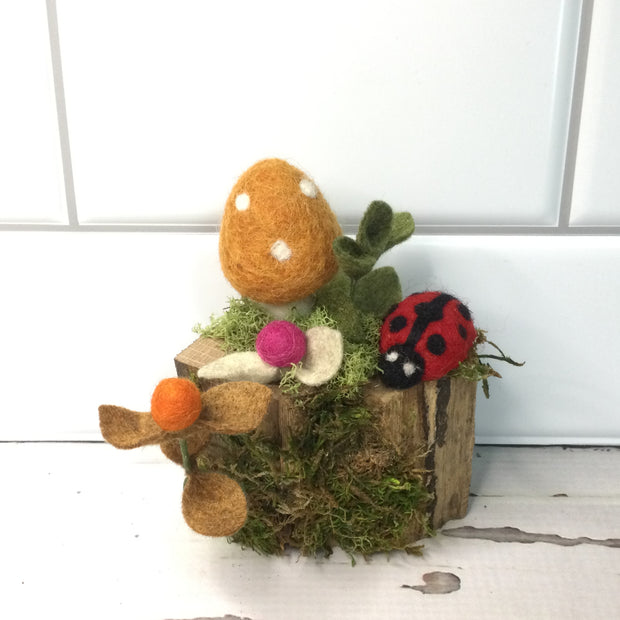 Wooly Mushroom with Ladybug on Natural Tree Stump