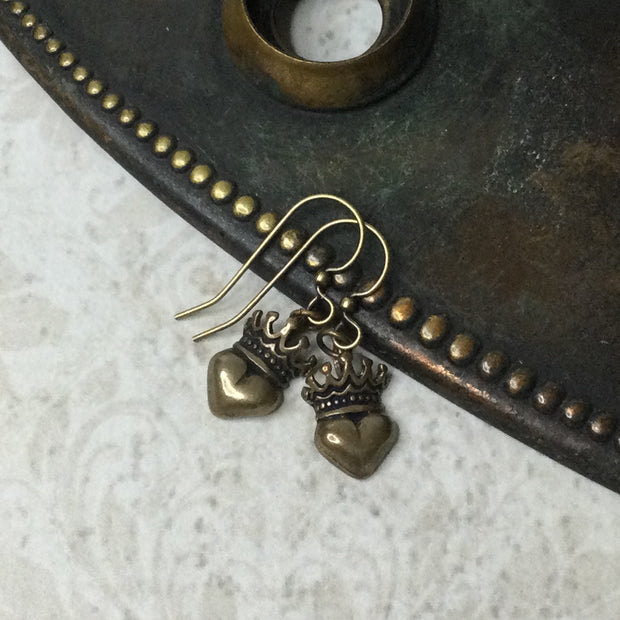 Dania/Bronze Crowned Heart Brass Earrings