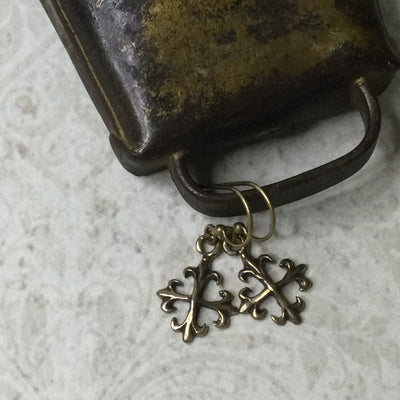 Tye/Bronze Fleur-de-lis Cross Brass Earrings