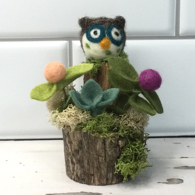 Wooly Owl with Buds on Natural Tree Stump