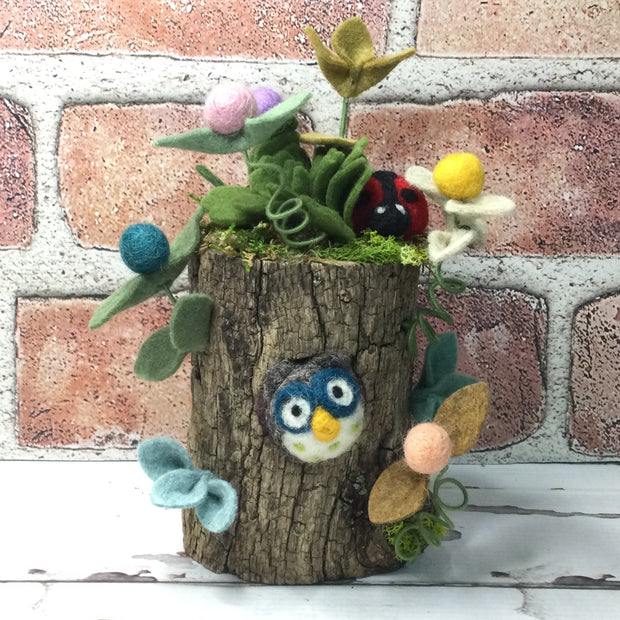 Wooly Owl, Ladybug & Flora on Natural Tree Stump