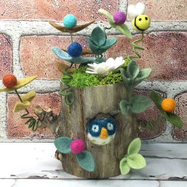 Wooly Owl, Bee & Flora on Natural Tree Stump