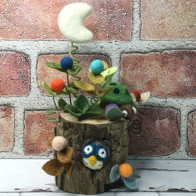 Wooly Owl, Turtle & Moon on Natural Tree Stump