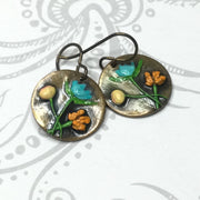 Arya/Hand Painted Flora Bronze Charm Brass Earrings