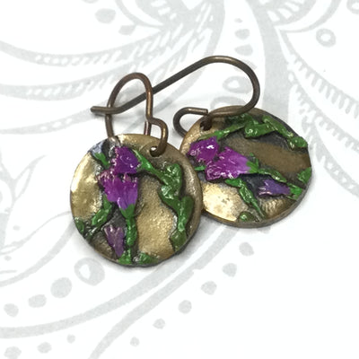 Rose/Hand Painted Flora Bronze Charm Brass Earrings