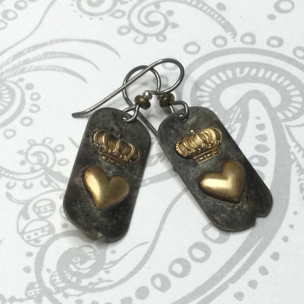 Julian/Brass Heart & Crown Gunmetal Earrings