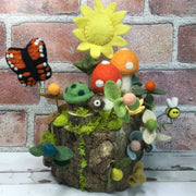 2 Mushrooms, Turtle, Butterfly, Sun & Bee on 2-Tier Natural Tree Stump