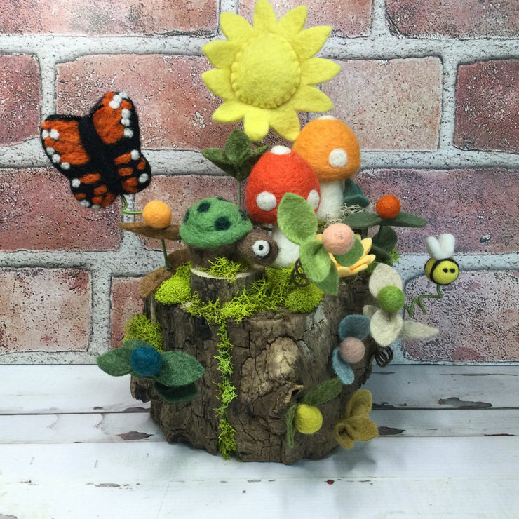 2 Mushrooms, Turtle, Butterfly, Sun & Bee on 2-Tier Natural Tree Stump