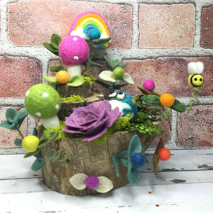 Mushrooms, Rainbow, Froggy & Bee on Multi-Tier Natural Tree Stump