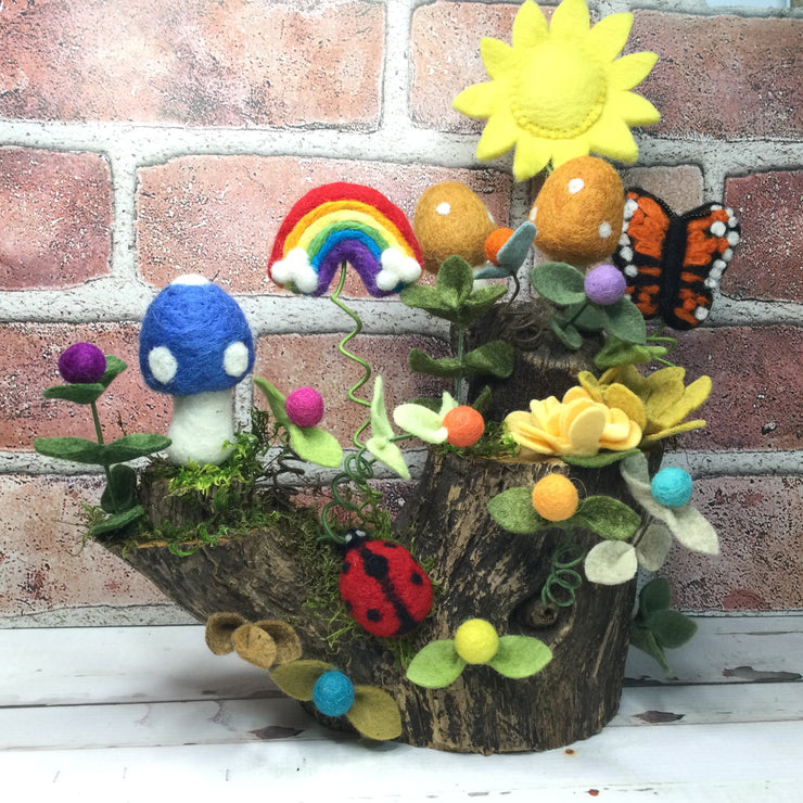 3 Mushrooms, Rainbow, Butterfly, Sun & Ladybug on Multi-Tier Natural Tree Stump