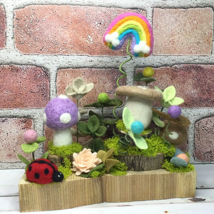 3 Mushrooms, Rainbow & Ladybug on Multi-Tier Natural Tree Stump