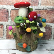 2 Mushrooms & Turtle on 2-Tier Natural Tree Stump