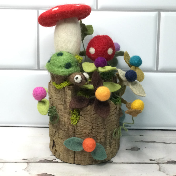 2 Mushrooms & Turtle on 2-Tier Natural Tree Stump