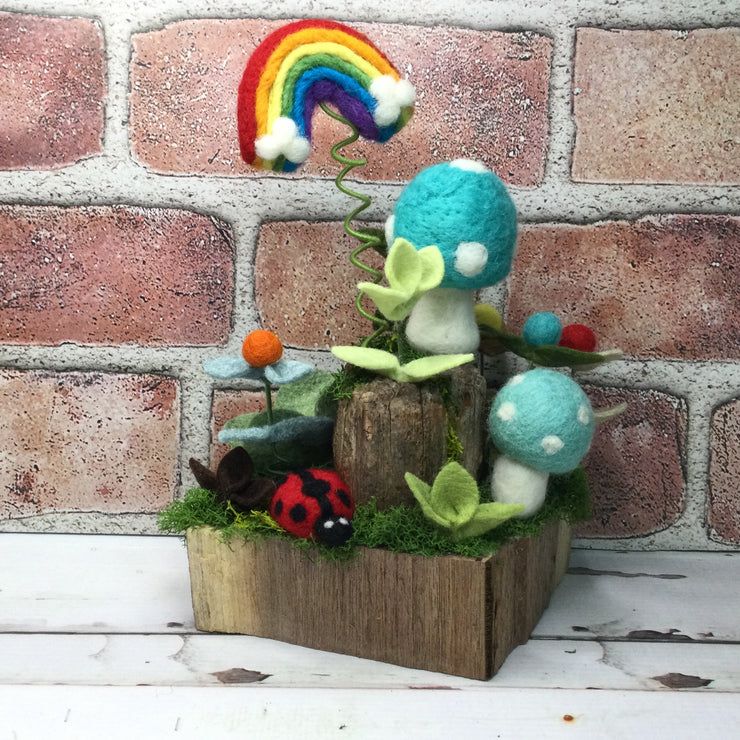 2 Mushrooms, LadyBug & Rainbow on 2-Tier Natural Tree Stump